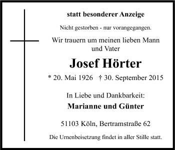 Anzeige von Josef Hörter von Kölner Stadt-Anzeiger / Kölnische Rundschau / Express