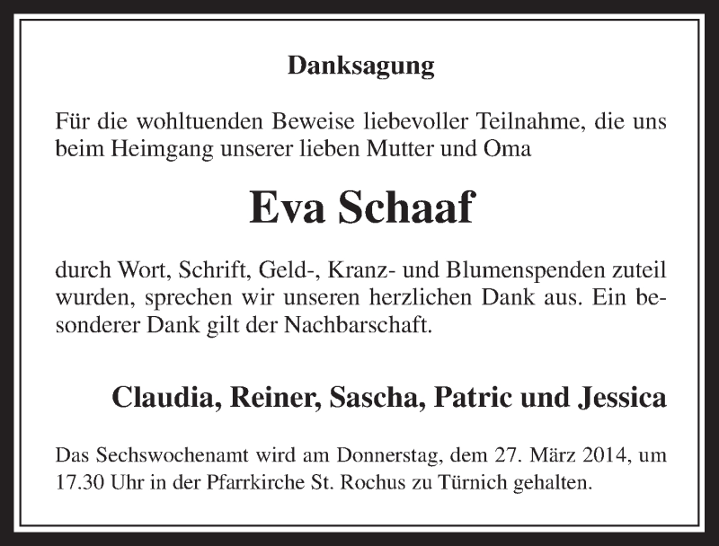  Traueranzeige für Eva Schaaf vom 26.03.2014 aus  Werbepost 