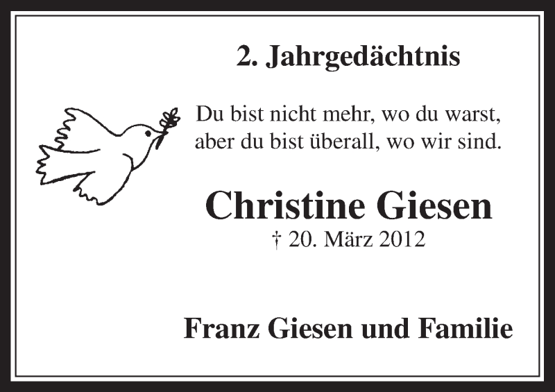  Traueranzeige für Christine Giesen vom 26.03.2014 aus  Werbepost 