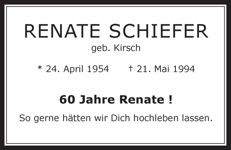 Traueranzeige für Renate Schiefer vom 23.04.2014 aus  Wochenende 