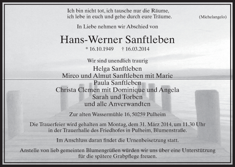  Traueranzeige für Hans-Werner Sanftleben vom 22.03.2014 aus  Sonntags-Post 