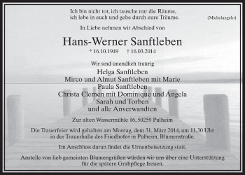Anzeige von Hans-Werner Sanftleben von  Sonntags-Post 