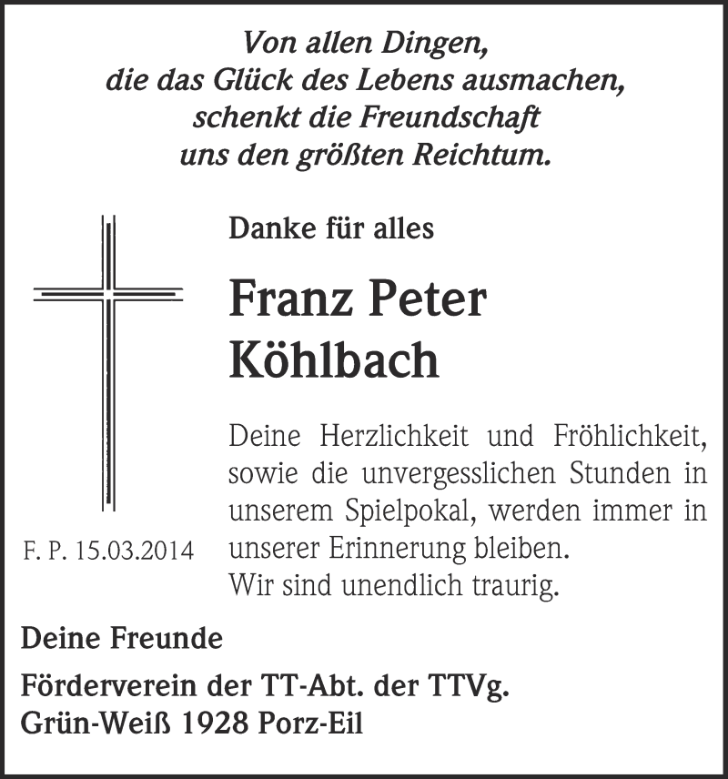  Traueranzeige für Franz Peter Köhlbach vom 26.03.2014 aus  Kölner Wochenspiegel 