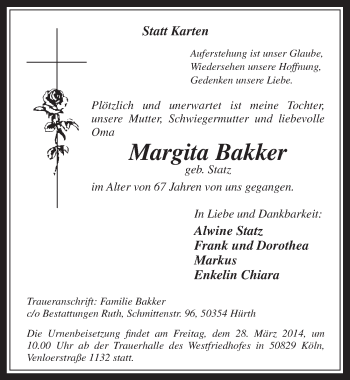 Anzeige von Margita Bakker von  Wochenende 