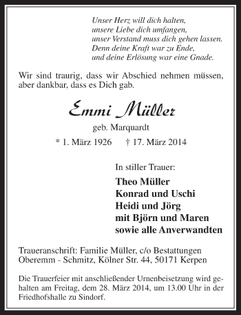 Anzeige von Emmi Müller von  Werbepost 