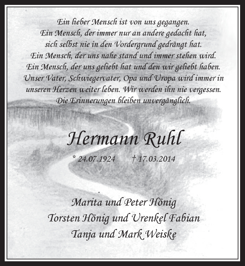  Traueranzeige für Hermann Ruhl vom 26.03.2014 aus  Werbepost 