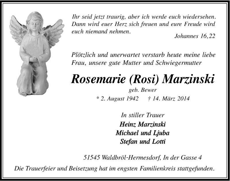  Traueranzeige für Rosemarie  Marzinski vom 26.03.2014 aus  Lokalanzeiger 