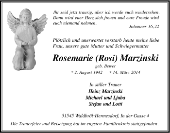 Anzeige von Rosemarie  Marzinski von  Lokalanzeiger 
