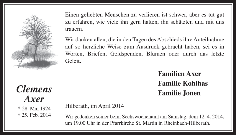  Traueranzeige für Clemens Axer vom 02.04.2014 aus  Schaufenster/Blickpunkt 