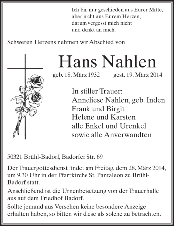 Anzeige von Hans Nahlen von  Schlossbote/Werbekurier 