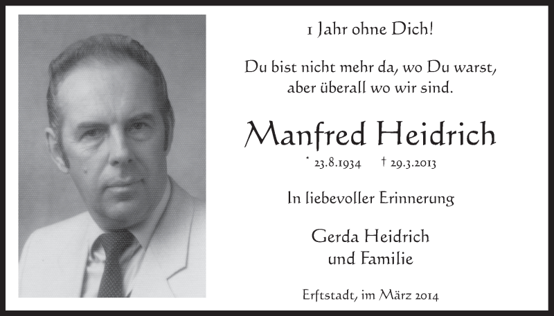  Traueranzeige für Manfred Heidrich vom 26.03.2014 aus  Werbepost 
