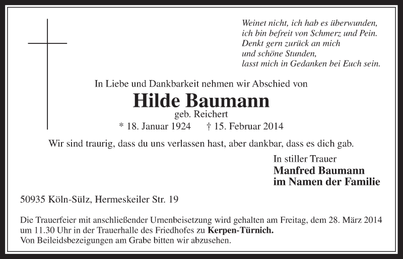  Traueranzeige für Hilde Baumann vom 26.03.2014 aus  Werbepost 