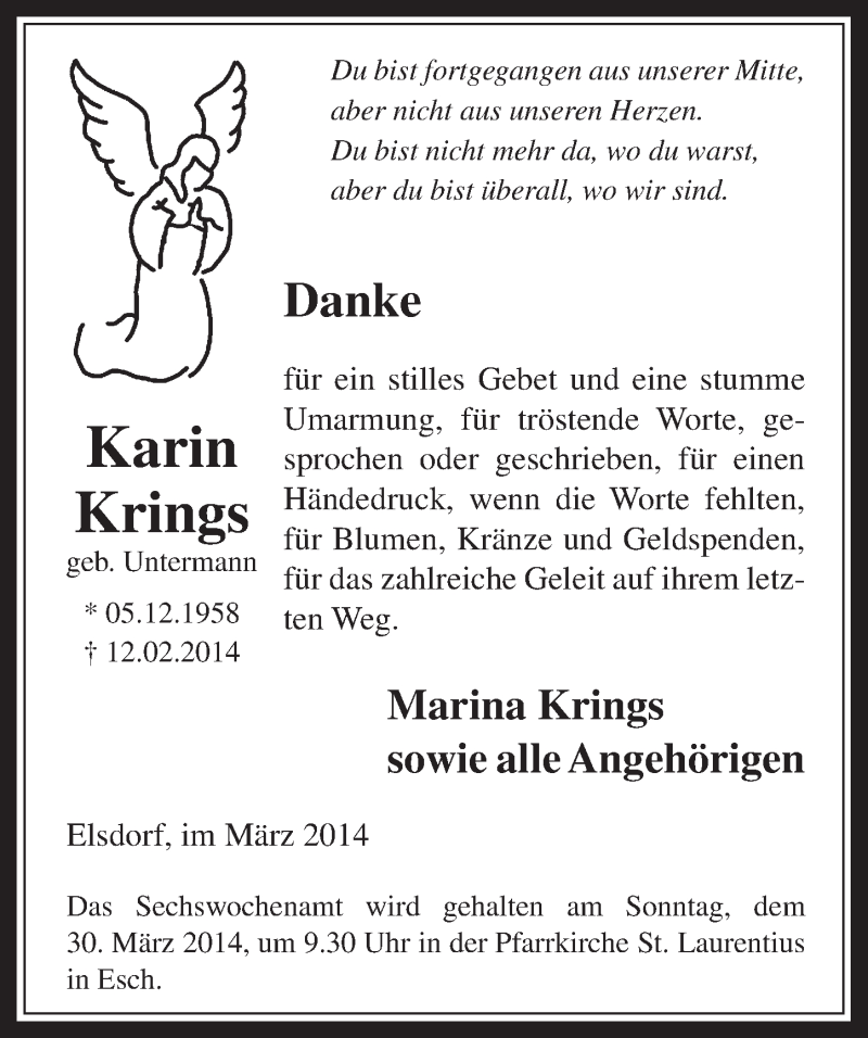  Traueranzeige für Karin Krings vom 26.03.2014 aus  Werbepost 