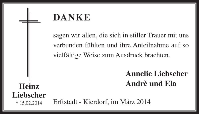  Traueranzeige für Heinz Liebscher vom 26.03.2014 aus  Werbepost 