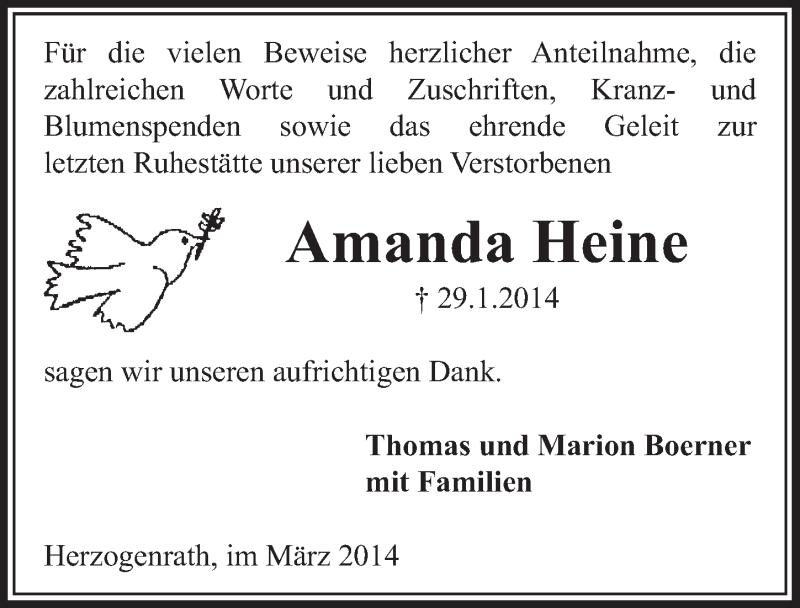  Traueranzeige für Amanda Heine vom 26.03.2014 aus  Schlossbote/Werbekurier 
