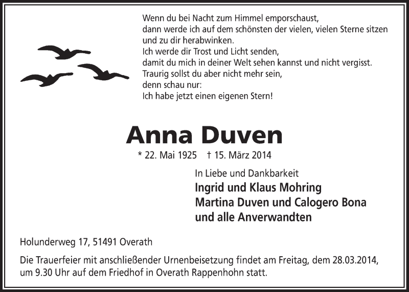  Traueranzeige für Anna Duven vom 26.03.2014 aus  Bergisches Handelsblatt 