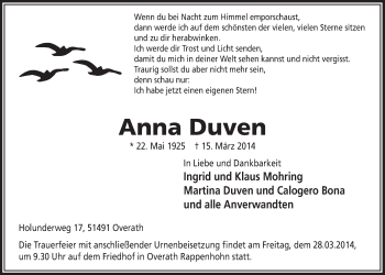 Anzeige von Anna Duven von  Bergisches Handelsblatt 