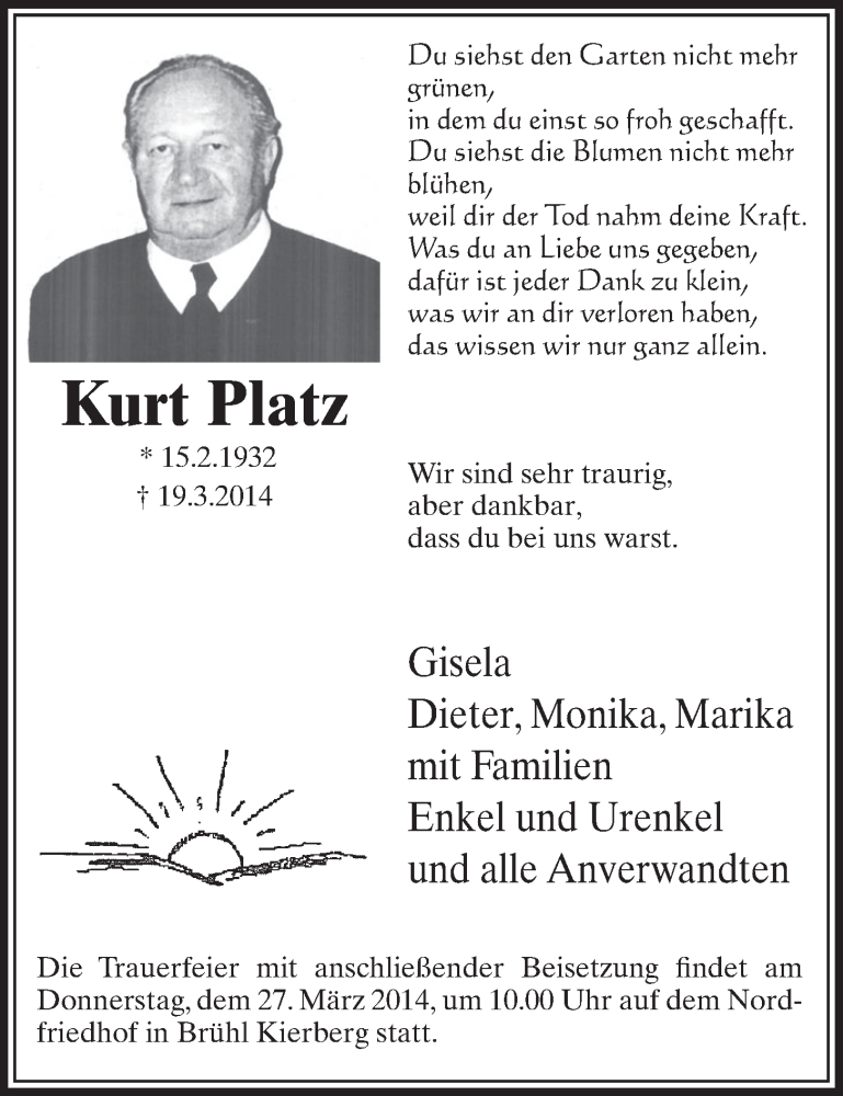  Traueranzeige für Kurt Platz vom 26.03.2014 aus  Schlossbote/Werbekurier 