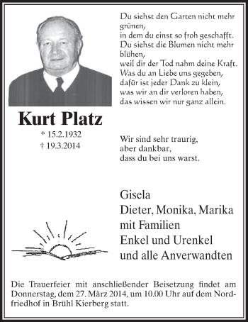 Anzeige von Kurt Platz von  Schlossbote/Werbekurier 