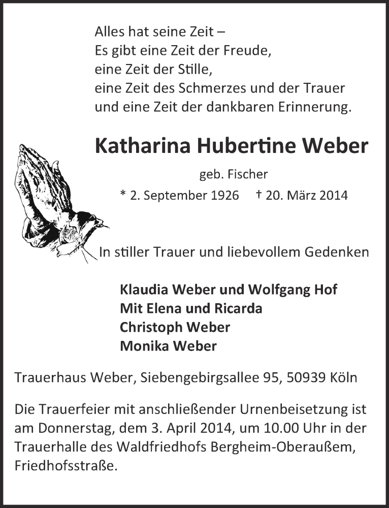  Traueranzeige für Katharina Hubertine Weber vom 26.03.2014 aus  Werbepost 