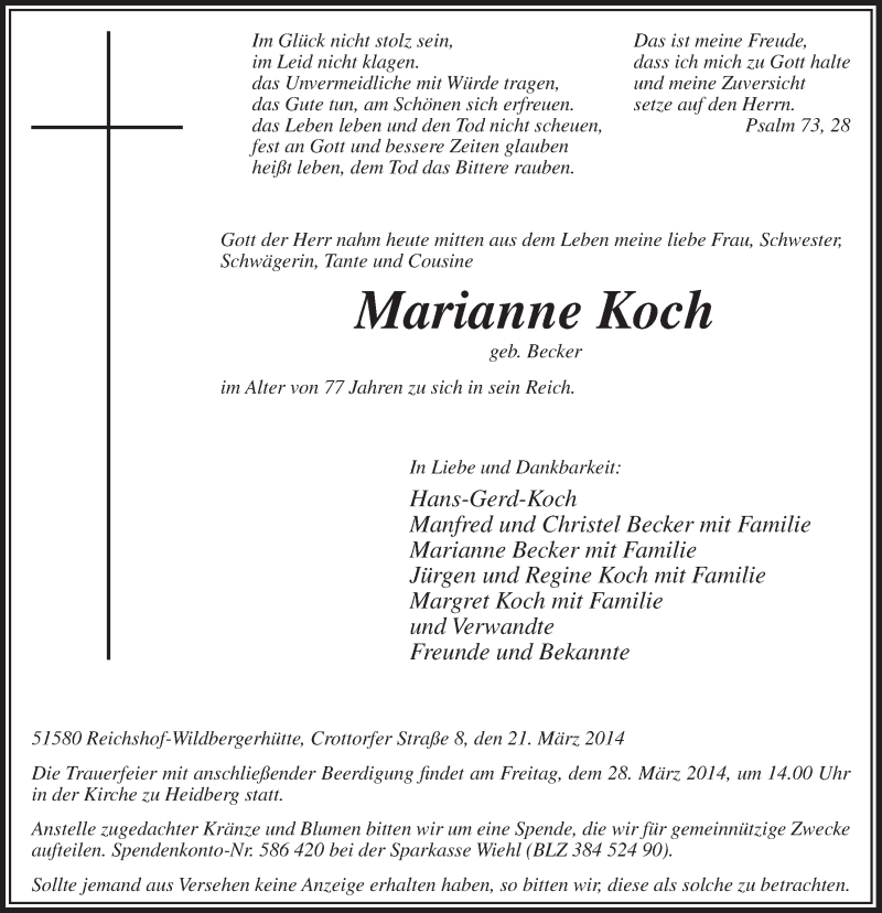  Traueranzeige für Marianne Koch vom 26.03.2014 aus  Anzeigen Echo  Lokalanzeiger 