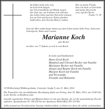 Anzeige von Marianne Koch von  Anzeigen Echo  Lokalanzeiger 