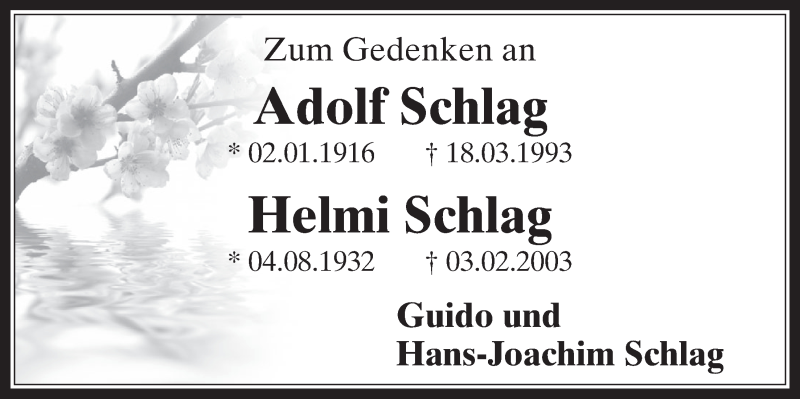  Traueranzeige für Adolf Schlag vom 26.03.2014 aus  Wochenende 