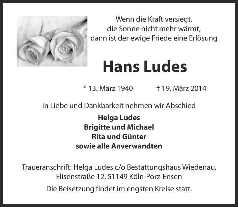  Traueranzeige für Hans Ludes vom 26.03.2014 aus  Kölner Wochenspiegel 