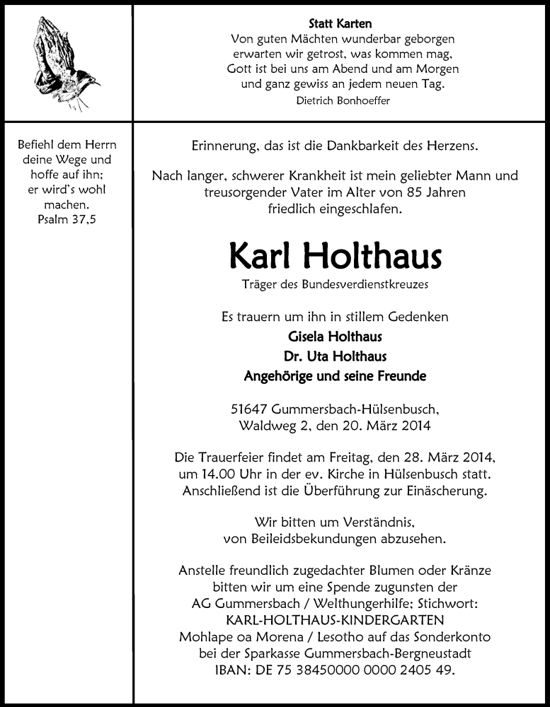  Traueranzeige für Karl Holthaus vom 26.03.2014 aus  Anzeigen Echo 