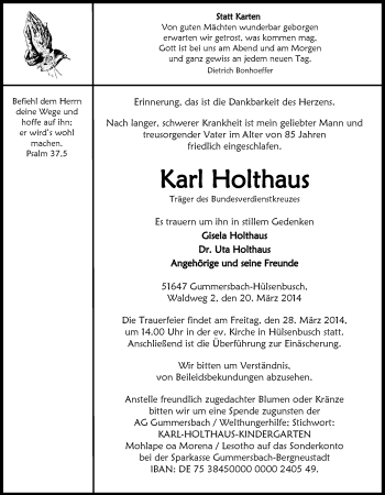 Anzeige von Karl Holthaus von  Anzeigen Echo 