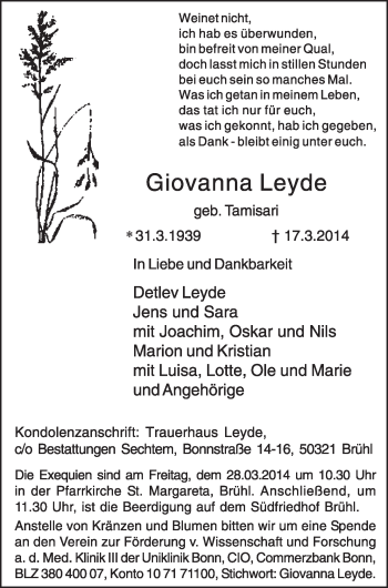 Anzeige von Giovanna Leyde von  Schlossbote/Werbekurier 