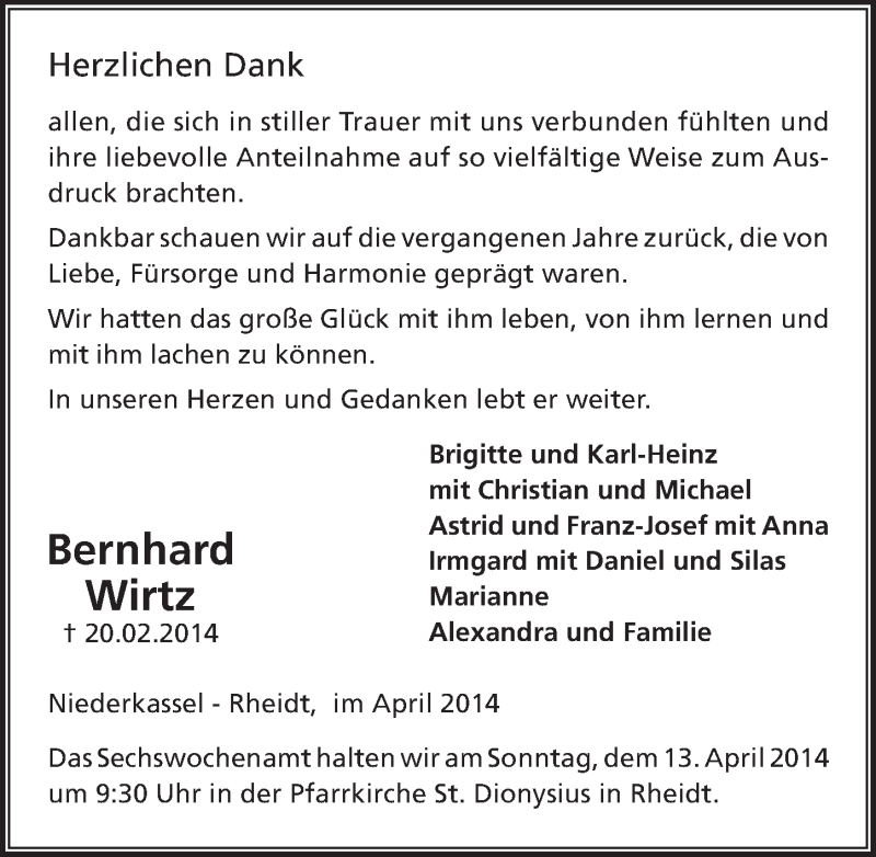  Traueranzeige für Bernhard Wirtz vom 09.04.2014 aus  Extra Blatt 