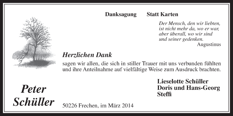  Traueranzeige für Peter Schüller vom 26.03.2014 aus  Wochenende 