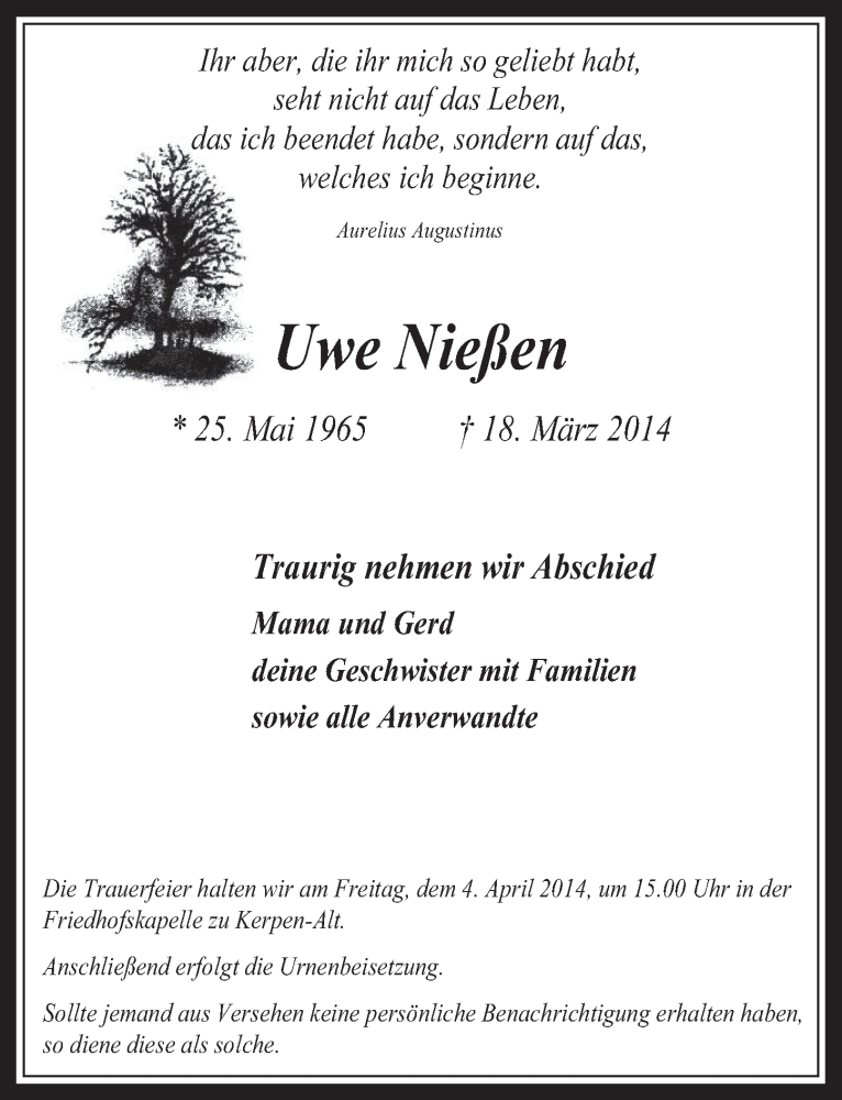  Traueranzeige für Uwe Nießen vom 26.03.2014 aus  Werbepost 