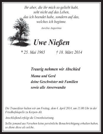 Anzeige von Uwe Nießen von  Werbepost 