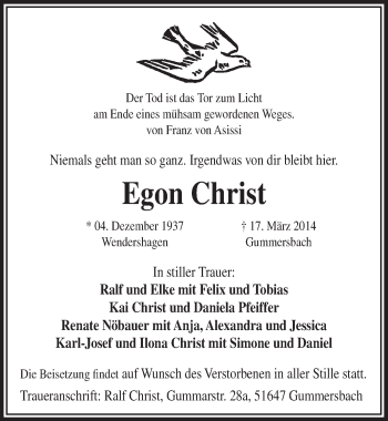 Anzeige von Egon Christ von  Anzeigen Echo  Lokalanzeiger 