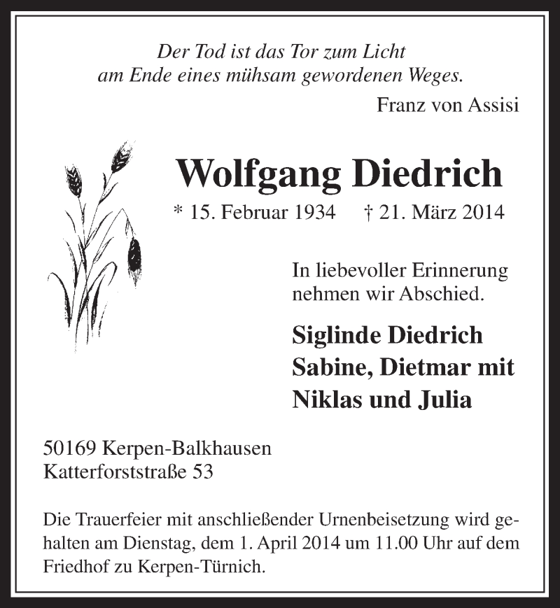  Traueranzeige für Wolfgang Diedrich vom 26.03.2014 aus  Werbepost 
