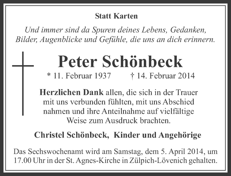  Traueranzeige für Peter Schönbeck vom 26.03.2014 aus  Werbepost 