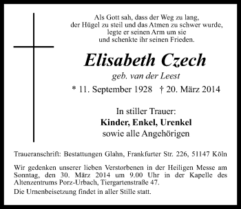Anzeige von Elisabeth Czech von  Kölner Wochenspiegel 