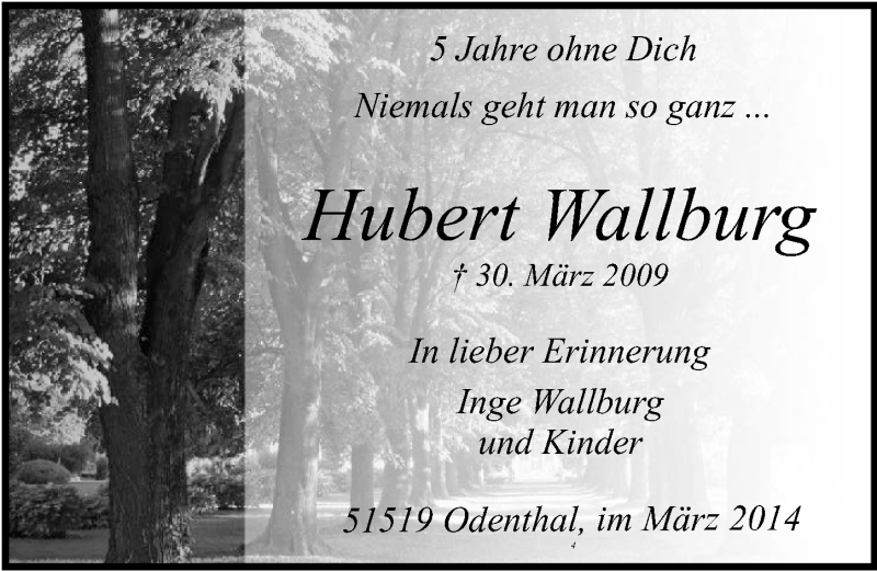  Traueranzeige für Hubert Wallburg vom 26.03.2014 aus  Bergisches Handelsblatt 