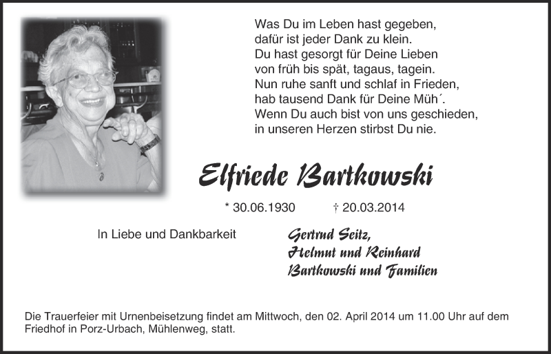  Traueranzeige für Elfriede Bartkowski vom 26.03.2014 aus  Kölner Wochenspiegel 