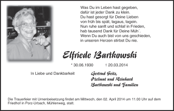 Anzeige von Elfriede Bartkowski von  Kölner Wochenspiegel 