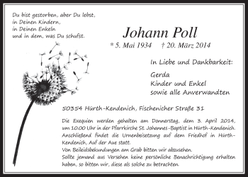 Anzeige von Johann Poll von  Wochenende 