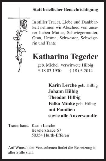 Anzeige von Katharina Tegeder von  Wochenende 