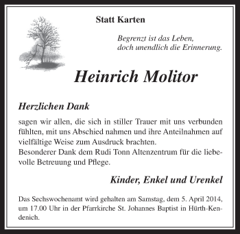 Anzeige von Heinrich Molitor von  Wochenende 