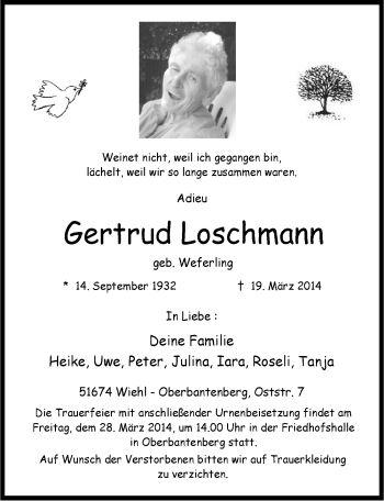 Anzeige von Gertrud Loschmann von  Anzeigen Echo 