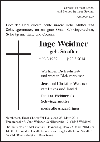 Anzeige von Inge Weidner von  Lokalanzeiger 