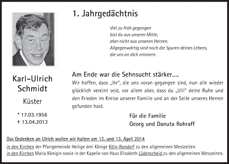  Traueranzeige für Karl-Ulrich Schmidt vom 09.04.2014 aus  Kölner Wochenspiegel  Schlossbote/Werbekurier 