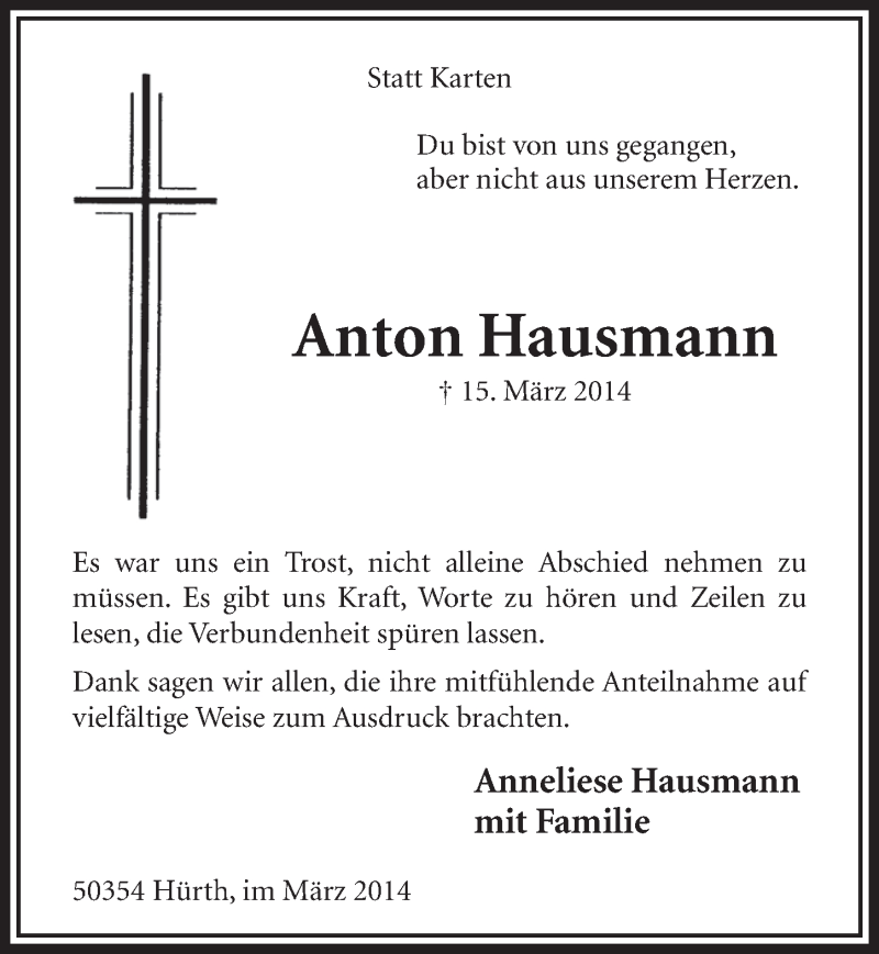  Traueranzeige für Anton Hausmann vom 29.03.2014 aus  Sonntags-Post 