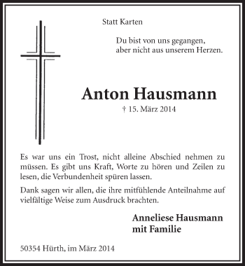 Anzeige von Anton Hausmann von  Sonntags-Post 